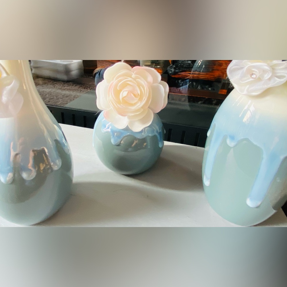 NWT Beautiful 3 Piece Contemporary Glazed Drip Pottery Set-Moss Light Green/Blue - Picture 2 of 16